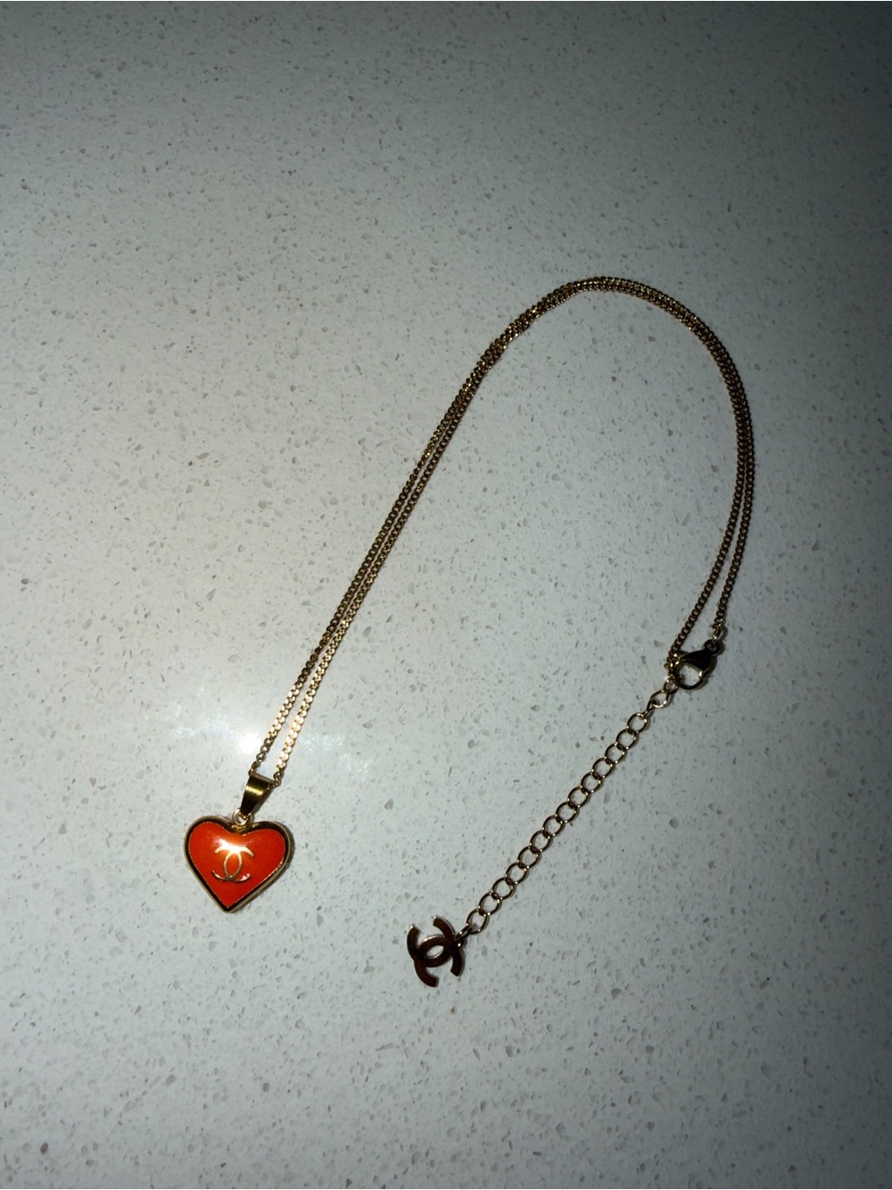 Chanel Red Heart CC Pendant Necklace Gold Tone Chain Logo Charm
